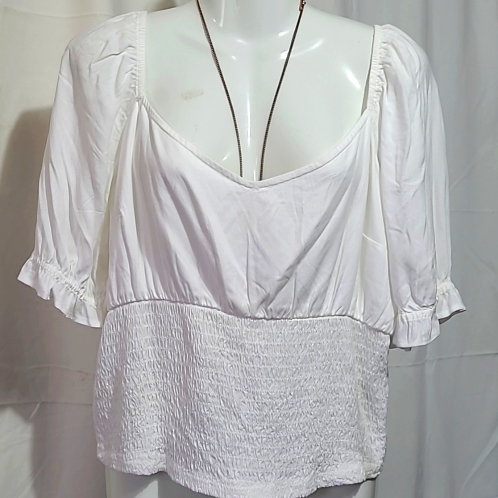 Abercrombie & Fitch White Smocked Puff Sleeve Top
